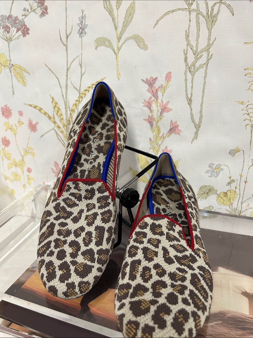 Rothy's Leopard Print Slip-Ons with Red and Blue Trim